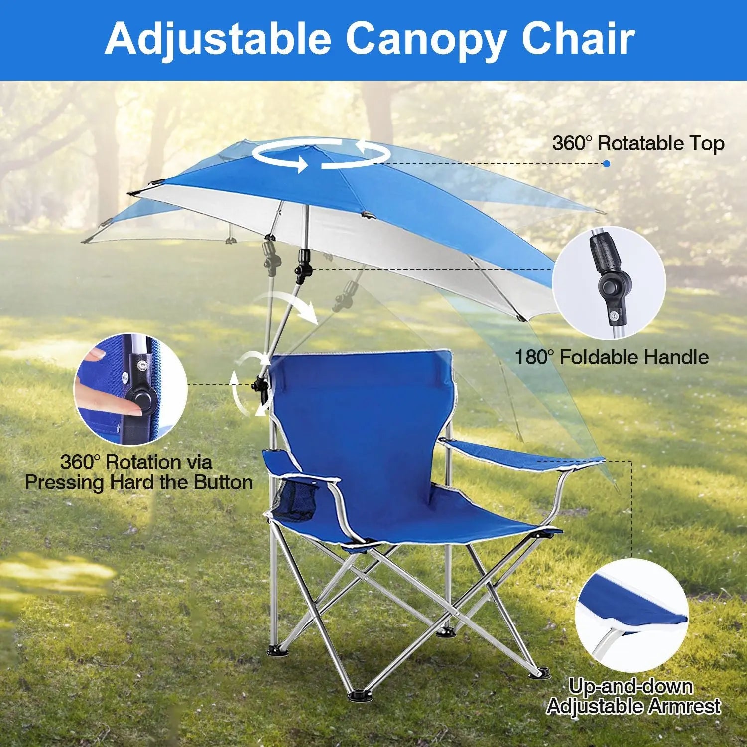 Foldable Beach Chair with Detachable Umbrella Armrest Adjustable Canopy Stool with Cup Holder Carry Bag for Camping Poolside Travel Picnic Lawn Chair Doba