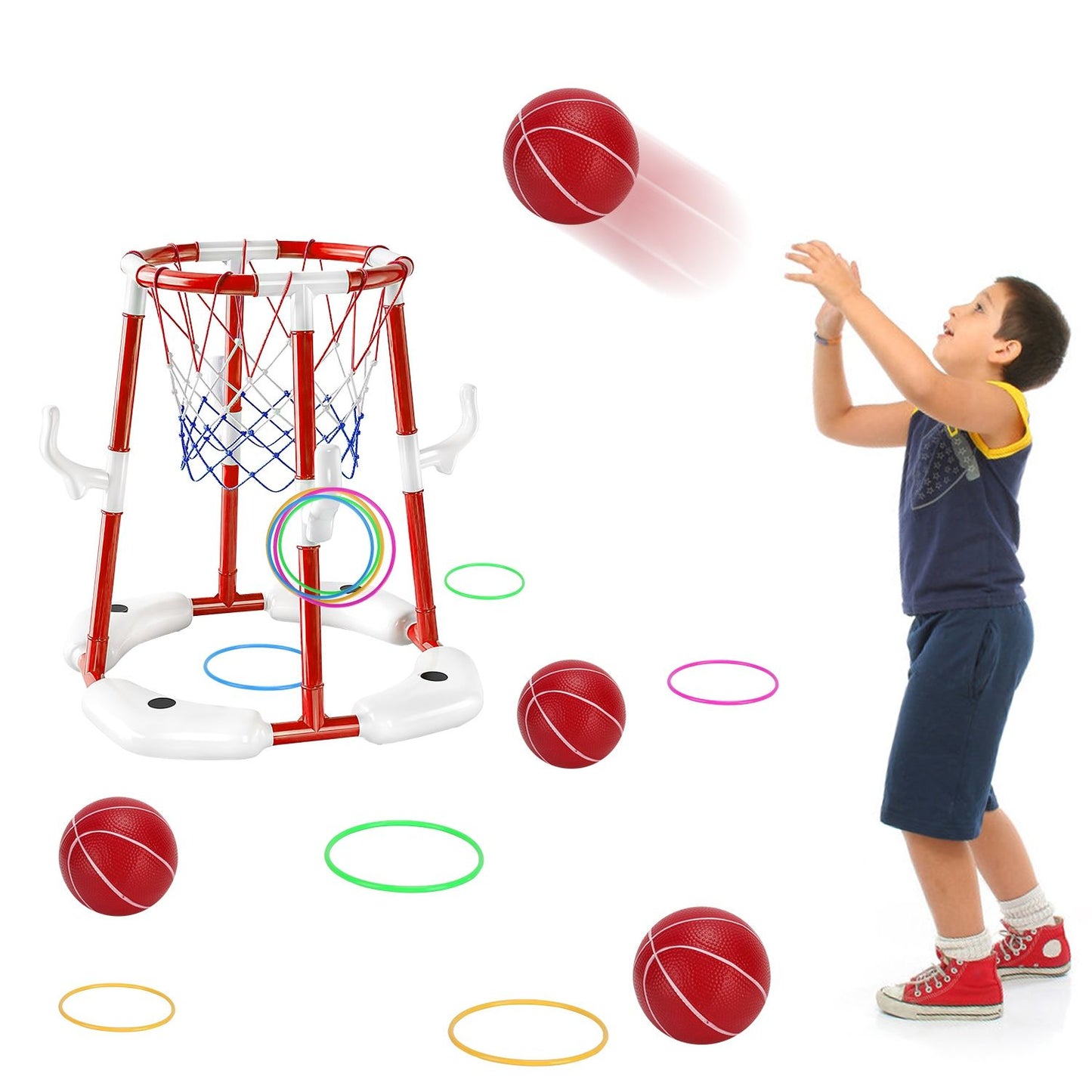 Summer Pool Basketball Hoop Toy Set With 4 Basketballs 4 Circles Pump Floating Swimming Pool Basketball Games Poolside Water Play Toy For 3-12Years Old Kids Adults - Freetyme Store