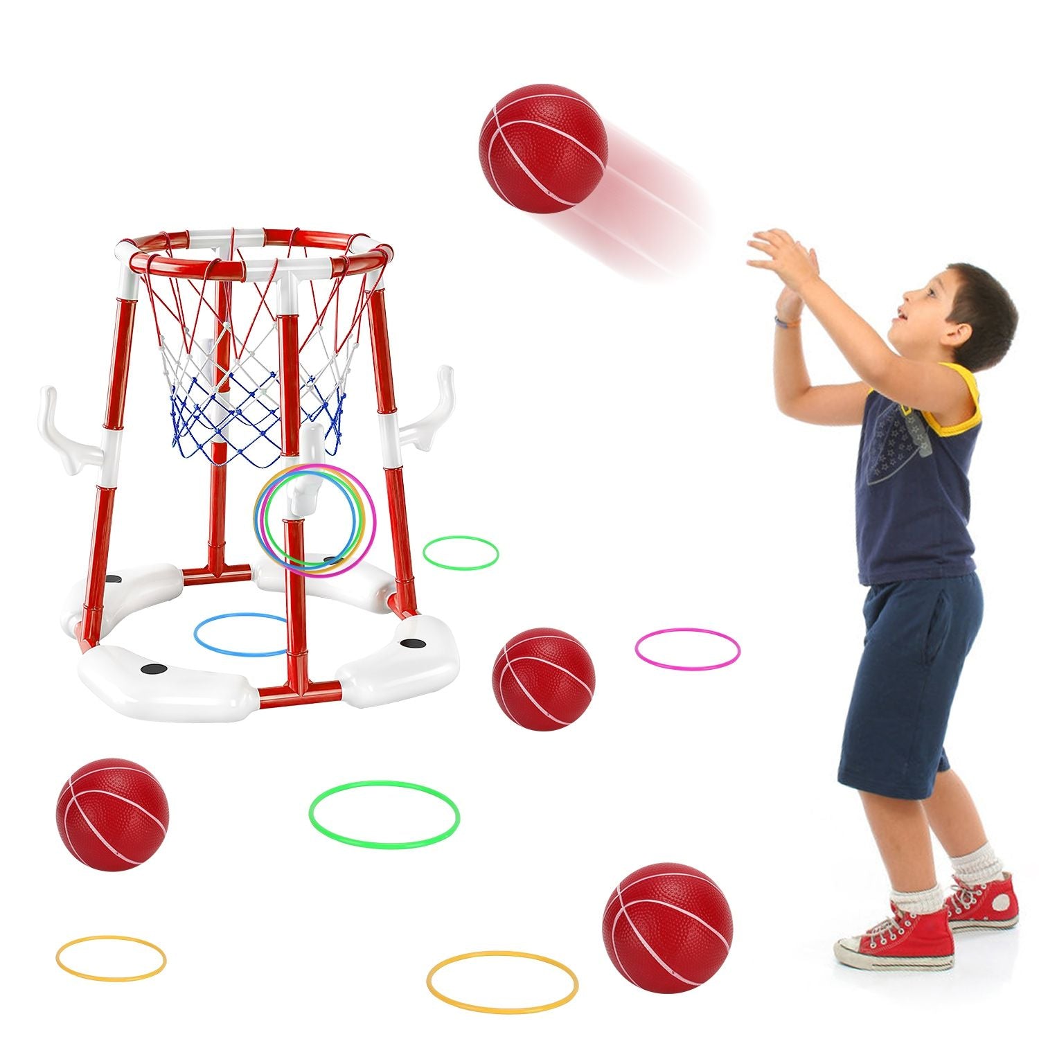 Summer Pool Basketball Hoop Toy Set With 4 Basketballs 4 Circles Pump Floating Swimming Pool Basketball Games Poolside Water Play Toy For 3-12Years Old Kids Adults - Freetyme Store