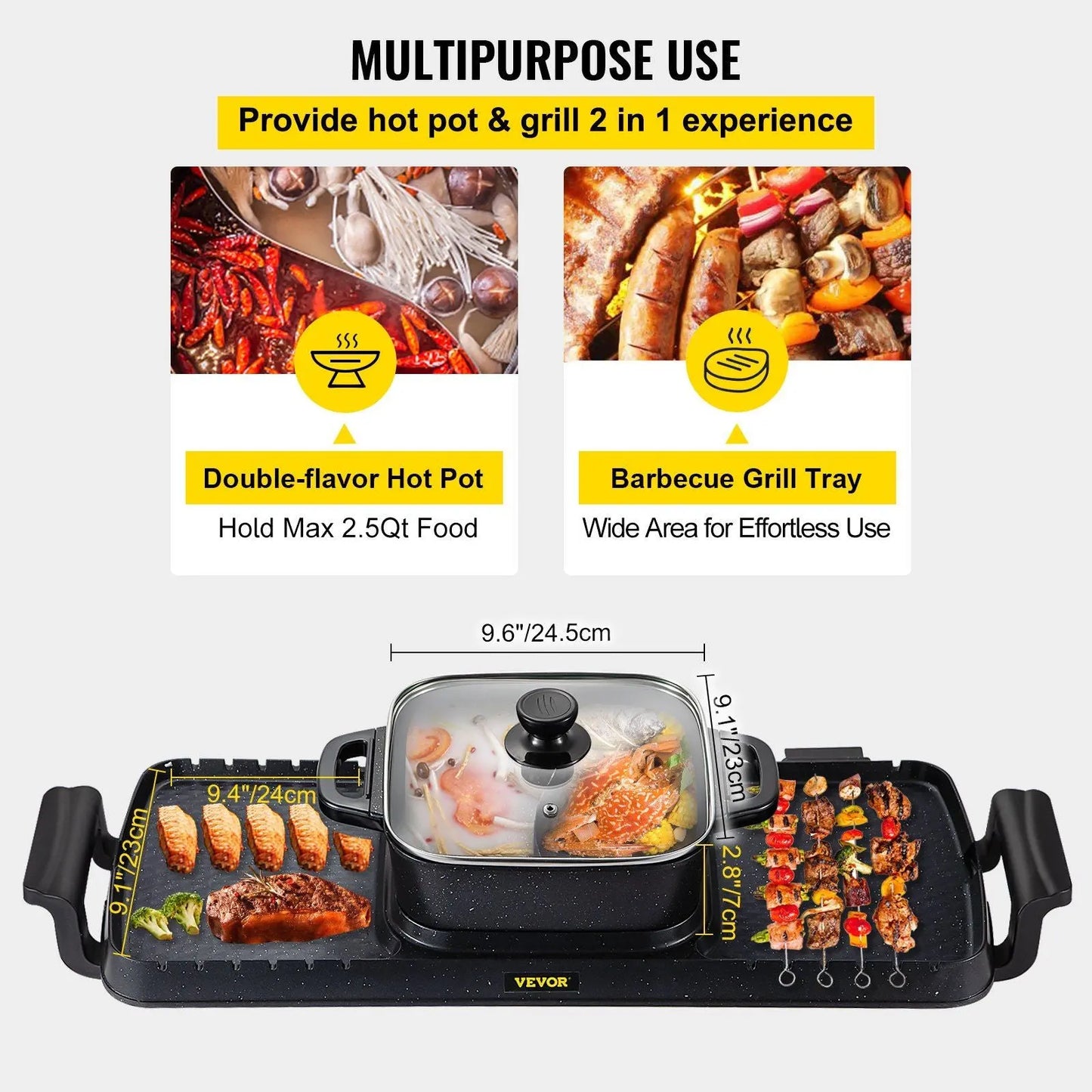VEVOR 2 in 1 Electric Grill and Hot Pot, 2400W BBQ Pan Grill and Hot Pot, Multifunctional Teppanyaki Grill Pot with Dual Temp Control, Smokeless Hot Pot Grill with Nonstick Coating for 1-8 People Doba