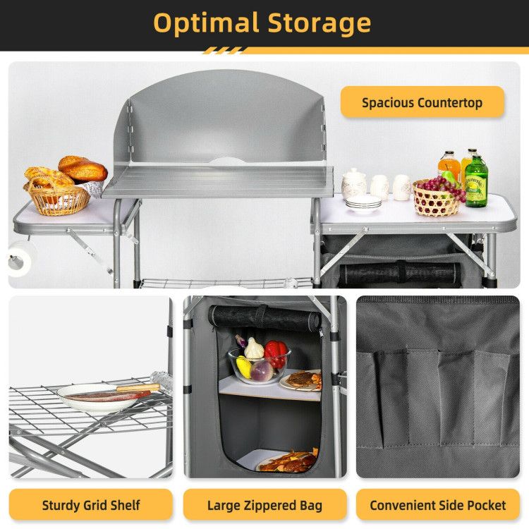 Foldable Outdoor BBQ Portable Grilling Table with Windscreen Bag Doba