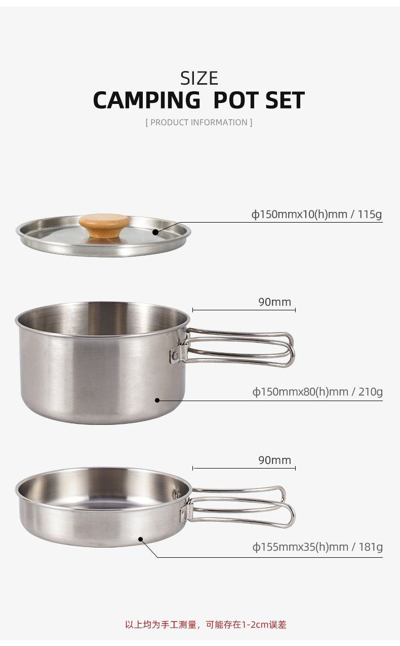 Outdoor hiking 304 stainless steel pot folding handle camping portable frying pan soup pot home picnic cookware set Doba