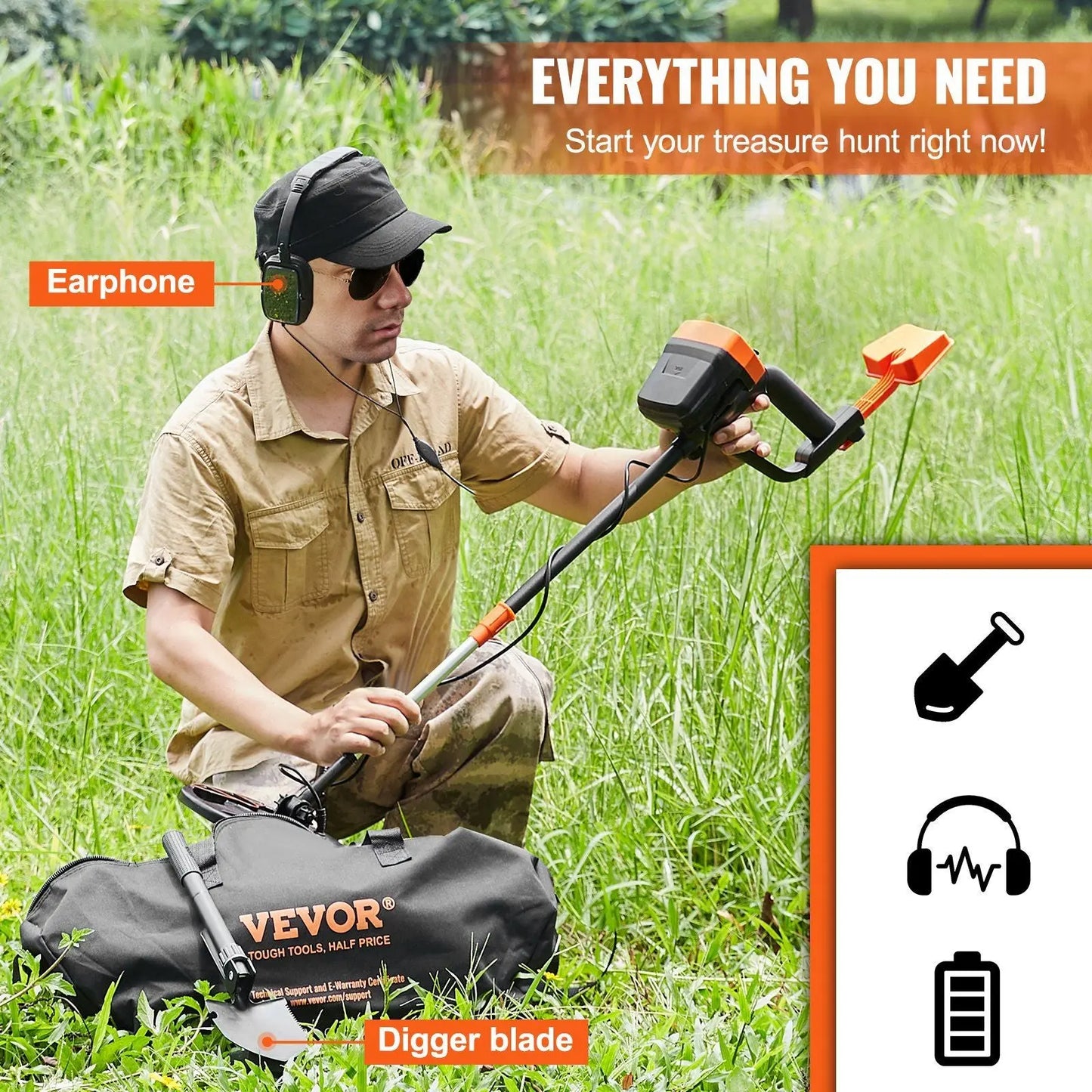 VEVOR Metal Detector for Adults & Kids, 8 Inch Waterproof Search Coil with High Accuracy Pointer Display, Adjustable 38''-49'' Gold Detector, Lightweight Aluminum Stem for Detecting Gold Treasure Doba