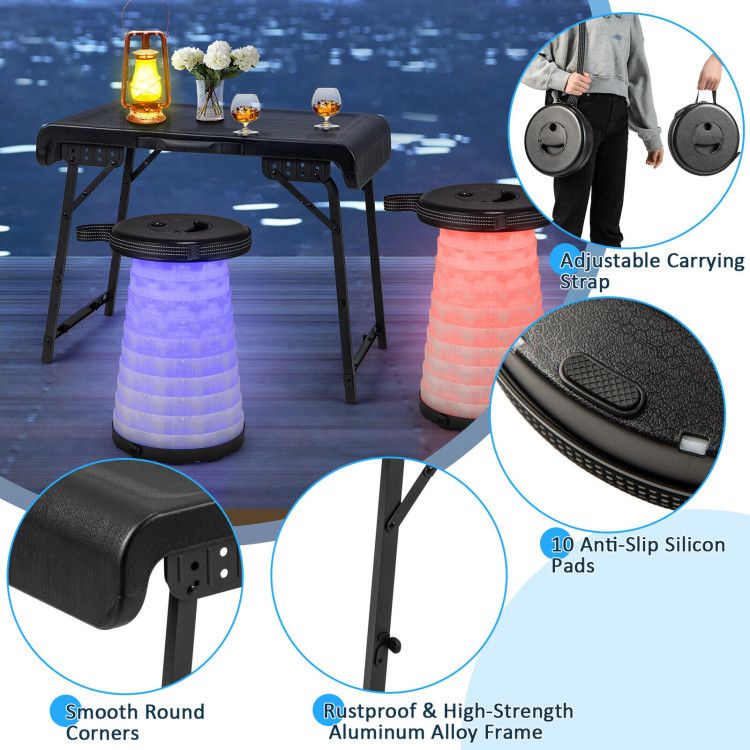 3 Pieces Folding Camping Table Stool Set with 2 Retractable LED Stools Doba