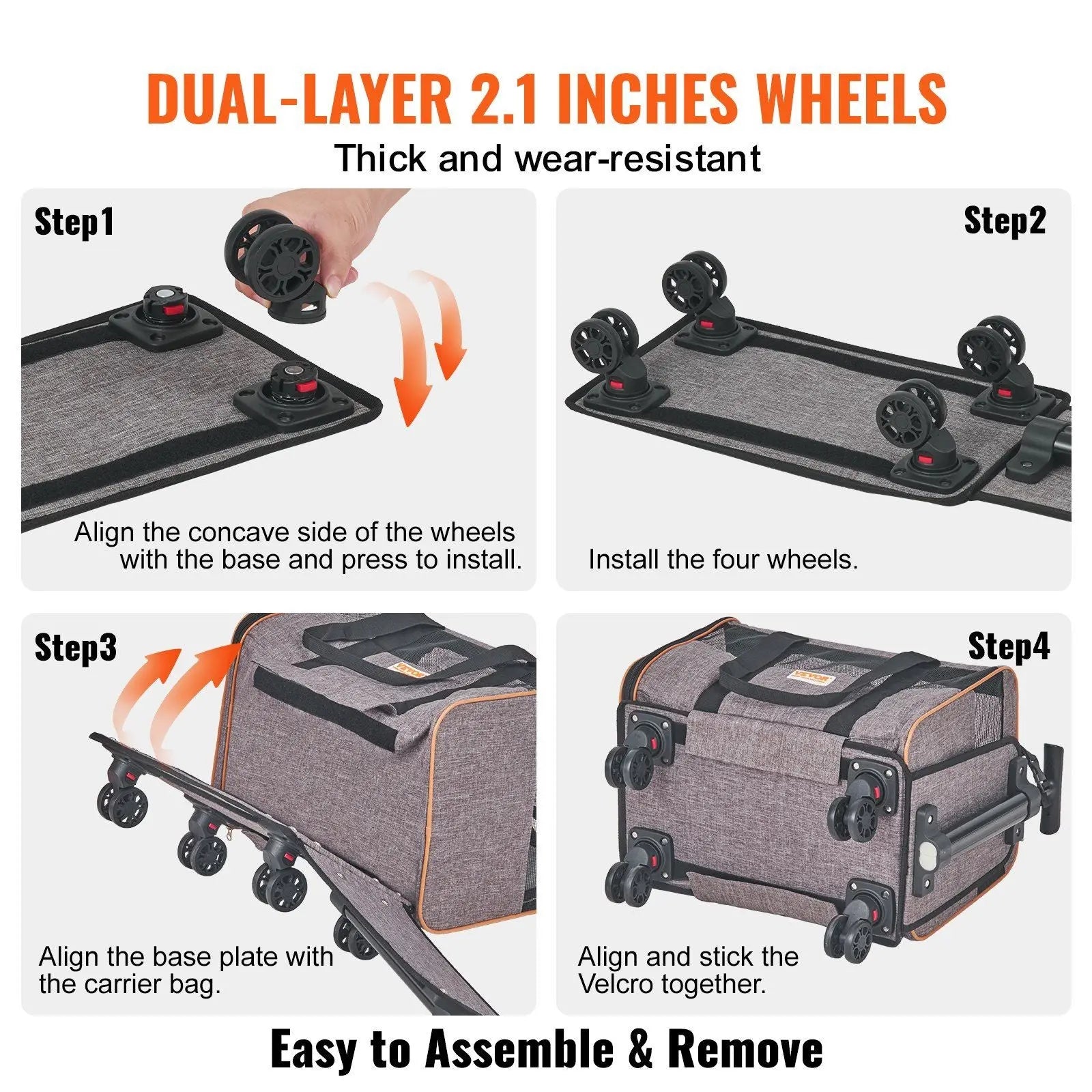 VEVOR Cat Carrier with Wheels, Airline Approved Rolling Pet Carrier with Telescopic Handle and Shoulder Strap, Dog Carrier with Wheels for Pets under 22 lbs, with 1 Folding Bowl, Grey Doba