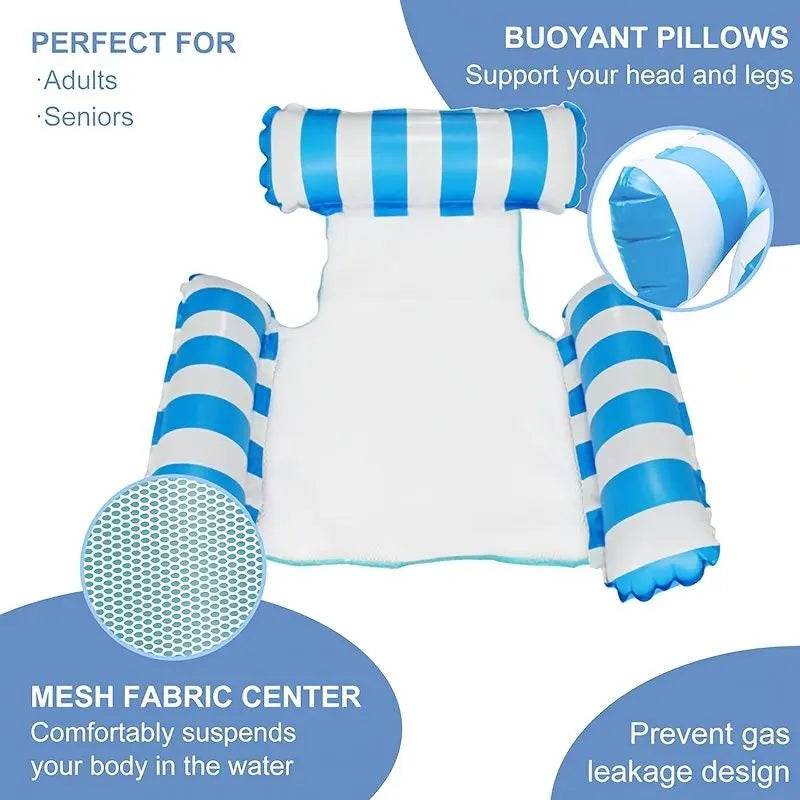 Inflatable Mesh Swimming Chair; Foldable Striped Floating Hammock For Pool Beach Party Summer Doba