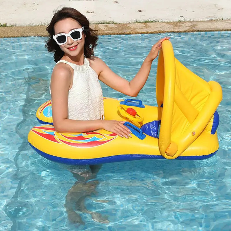 With canopy parent-child version thickened mother and child seat swimming circle removable sunshade canopy infant and toddler swimming seat boat Doba