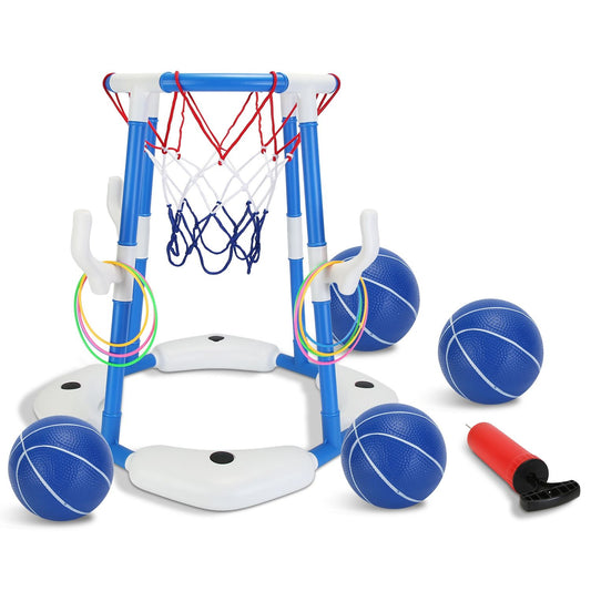 Summer Pool Basketball Hoop Toy Set With 4 Basketballs 4 Circles Pump Floating Swimming Pool Basketball Games Poolside Water Play Toy For 3-12Years Old Kids Adults - Freetyme Store