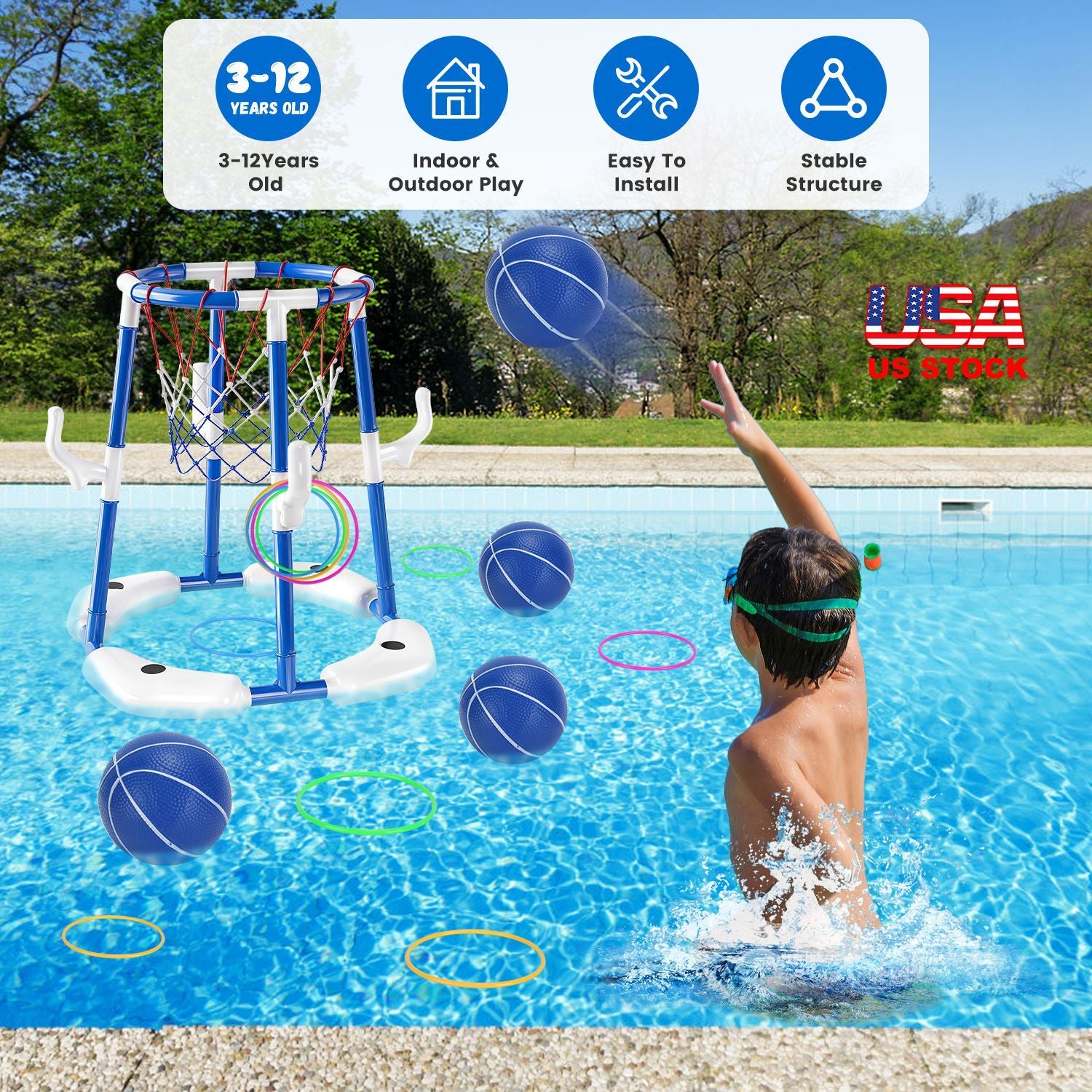 Summer Pool Basketball Hoop Toy Set With 4 Basketballs 4 Circles Pump Floating Swimming Pool Basketball Games Poolside Water Play Toy For 3-12Years Old Kids Adults - Freetyme Store