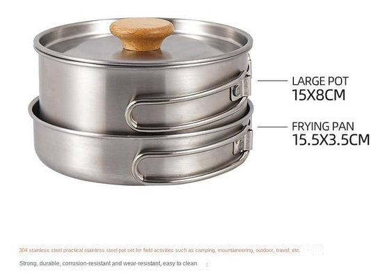 Outdoor hiking 304 stainless steel pot folding handle camping portable frying pan soup pot home picnic cookware set Doba