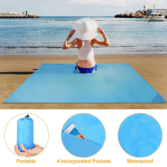 Portable Beach Blanket 4.6' x 6.6' Waterproof Foldable Camping Rug Pocket Sandproof Picnic Mat Doba