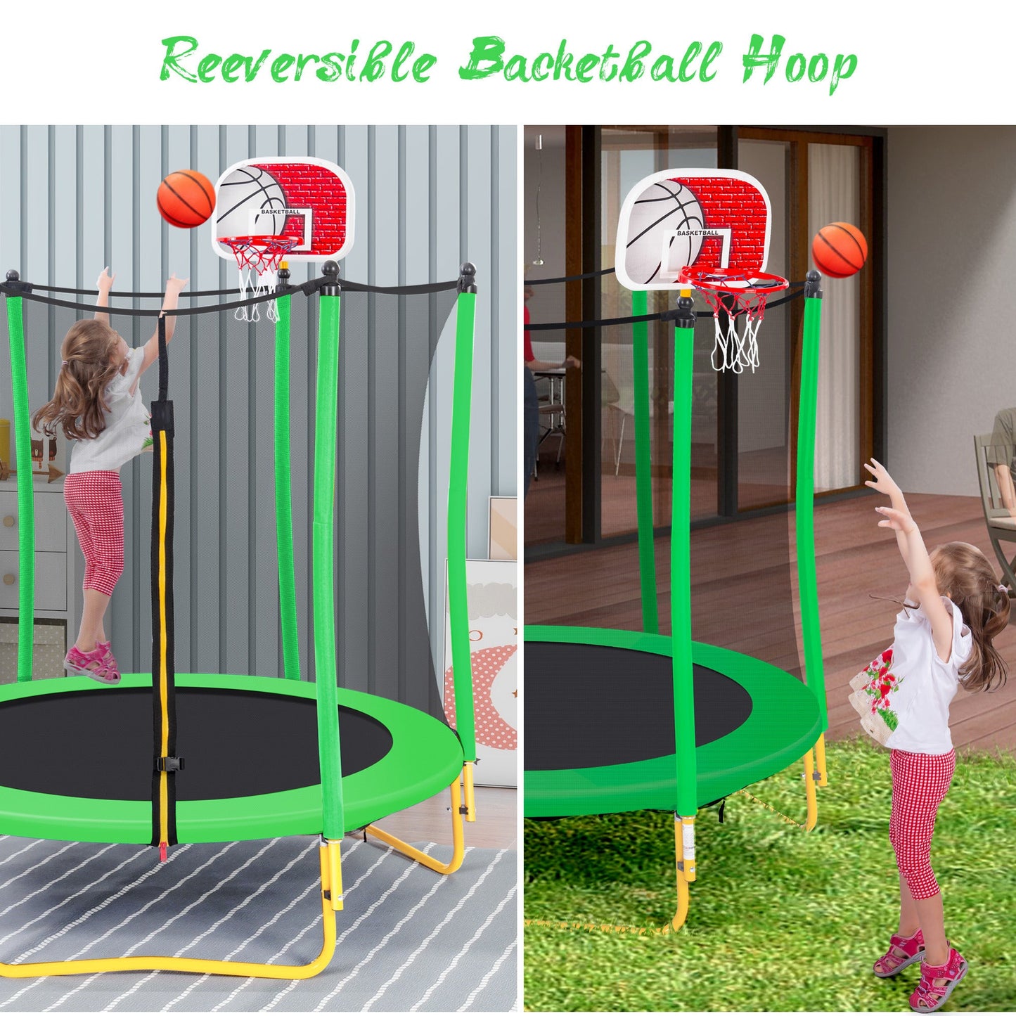 5.5FT Trampoline for Kids - 65" Outdoor & Indoor Mini Toddler Trampoline with Enclosure, Basketball Hoop and Ball Included Doba