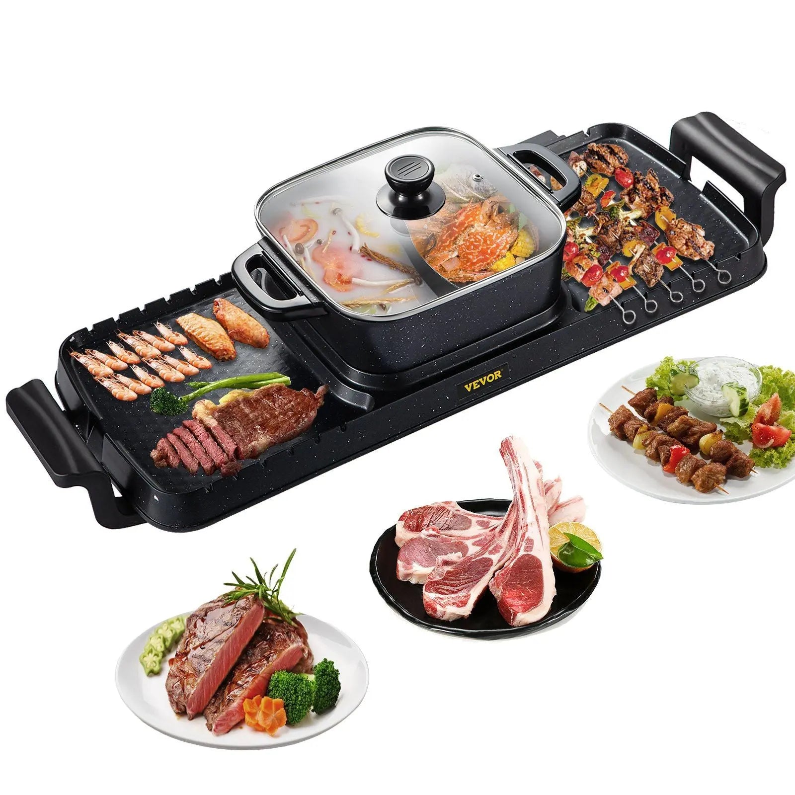 VEVOR 2 in 1 Electric Grill and Hot Pot, 2400W BBQ Pan Grill and Hot Pot, Multifunctional Teppanyaki Grill Pot with Dual Temp Control, Smokeless Hot Pot Grill with Nonstick Coating for 1-8 People Doba