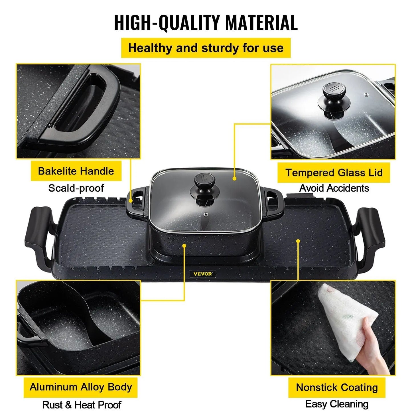 VEVOR 2 in 1 Electric Grill and Hot Pot, 2400W BBQ Pan Grill and Hot Pot, Multifunctional Teppanyaki Grill Pot with Dual Temp Control, Smokeless Hot Pot Grill with Nonstick Coating for 1-8 People Doba