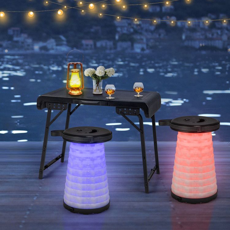 3 Pieces Folding Camping Table Stool Set with 2 Retractable LED Stools Doba