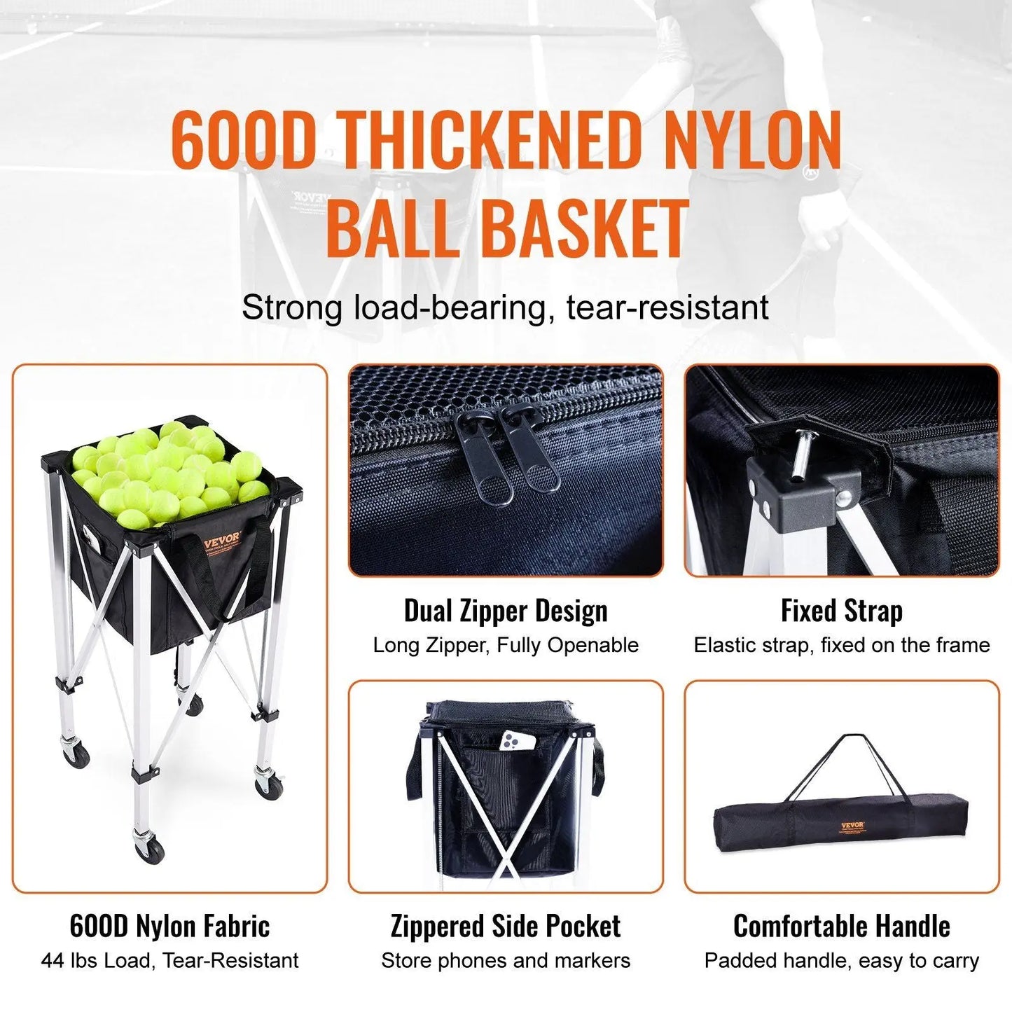 VEVOR Foldable Tennis Ball Hopper, Holds 180 Tennis Balls, Lightweight Aluminum Alloy Tennis Ball Basket Cart with Wheels, Removable Bag, Carry Bag, Portable Sports Teaching Cart for Tennis Player Doba
