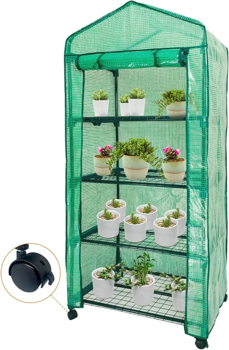 Mini Greenhouse,4 Tier Small Portable Greenhouses Kit with Caster Wheels and Roll-up Zipper PE Cover,Green House for Indoor Outdoor Seedling and Plant Growing (70x50x165cm),Green Doba