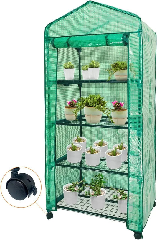 Mini Greenhouse,4 Tier Small Portable Greenhouses Kit with Caster Wheels and Roll-up Zipper PE Cover,Green House for Indoor Outdoor Seedling and Plant Growing (70x50x165cm),Green Doba