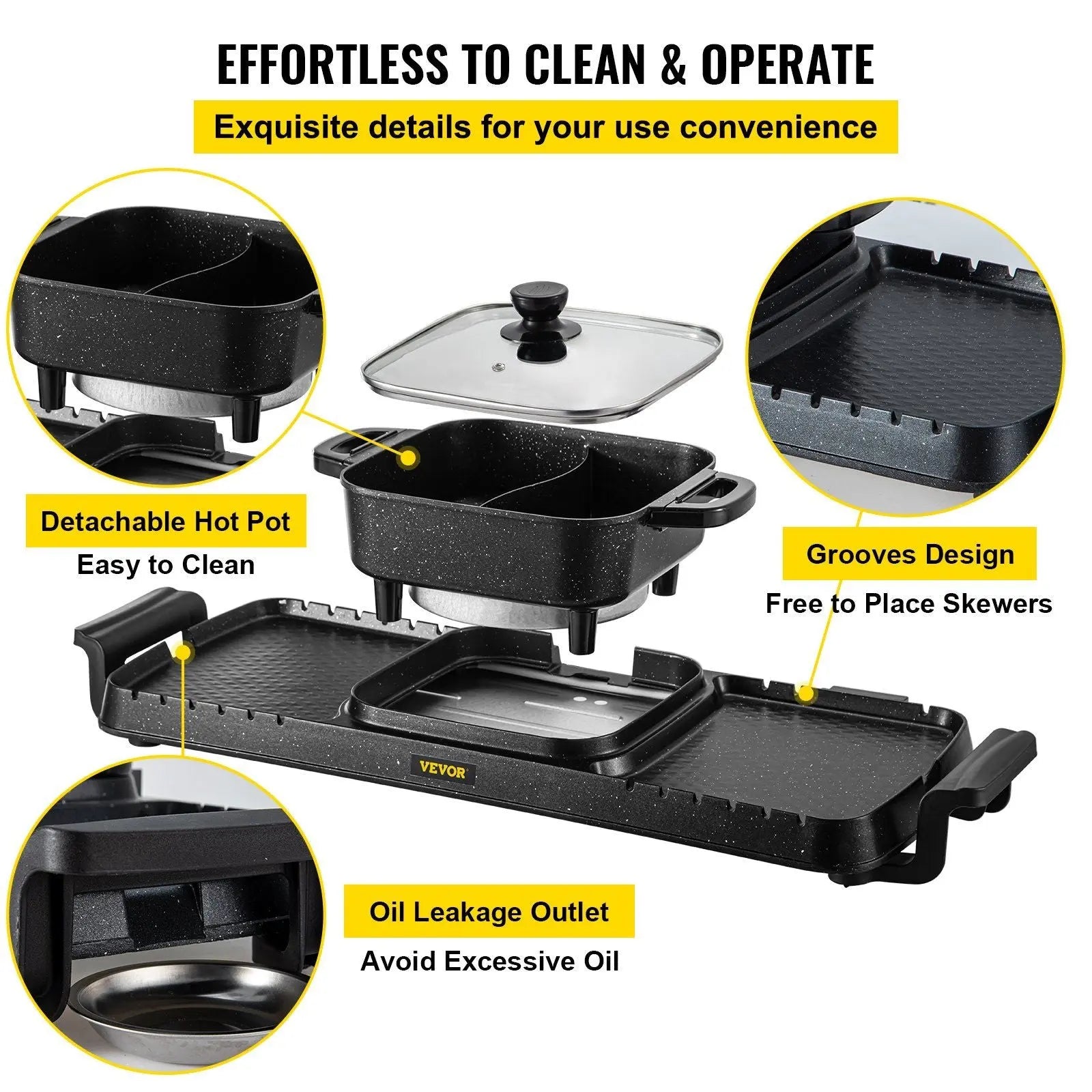 VEVOR 2 in 1 Electric Grill and Hot Pot, 2400W BBQ Pan Grill and Hot Pot, Multifunctional Teppanyaki Grill Pot with Dual Temp Control, Smokeless Hot Pot Grill with Nonstick Coating for 1-8 People Doba
