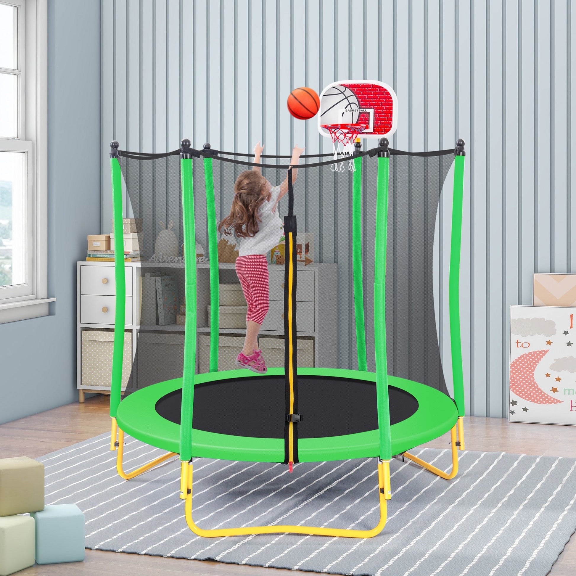 5.5FT Trampoline for Kids - 65" Outdoor & Indoor Mini Toddler Trampoline with Enclosure, Basketball Hoop and Ball Included Doba
