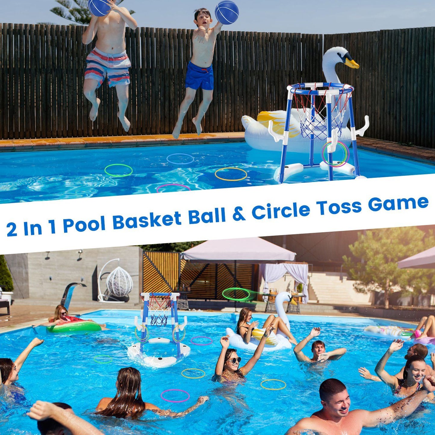 Summer Pool Basketball Hoop Toy Set With 4 Basketballs 4 Circles Pump Floating Swimming Pool Basketball Games Poolside Water Play Toy For 3-12Years Old Kids Adults - Freetyme Store