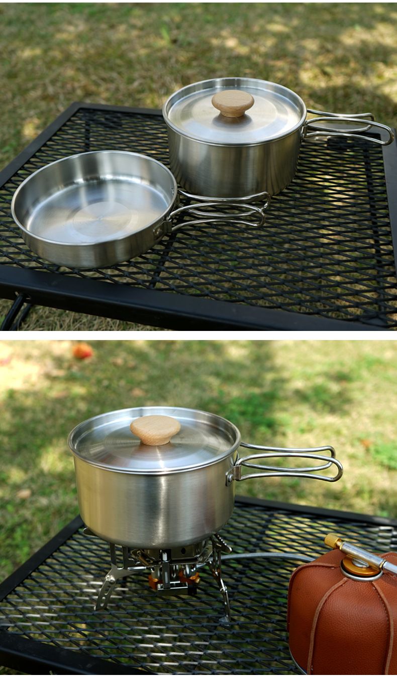 Outdoor hiking 304 stainless steel pot folding handle camping portable frying pan soup pot home picnic cookware set Doba