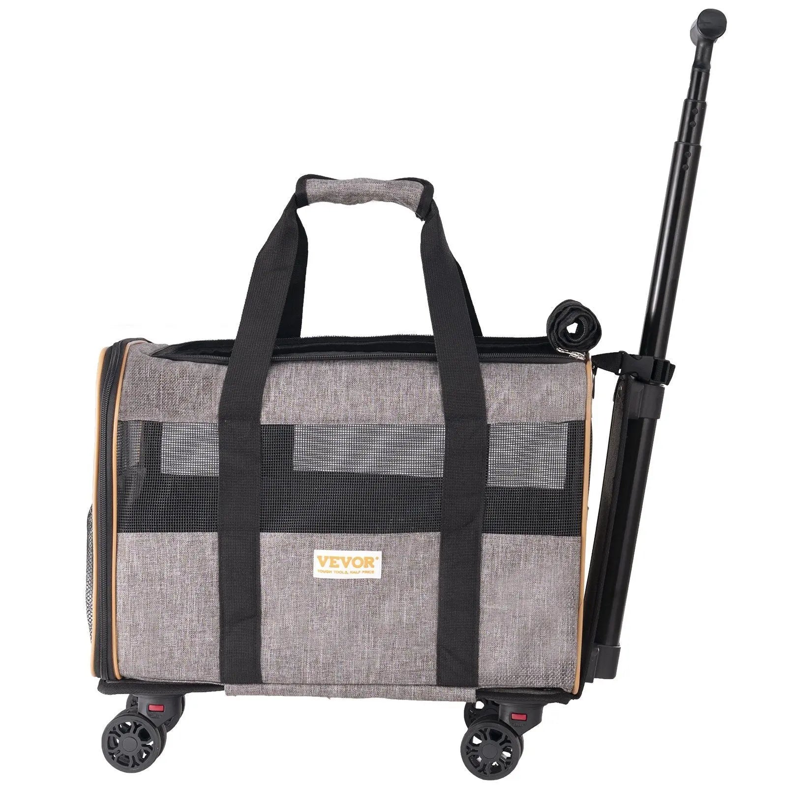 VEVOR Cat Carrier with Wheels, Airline Approved Rolling Pet Carrier with Telescopic Handle and Shoulder Strap, Dog Carrier with Wheels for Pets under 22 lbs, with 1 Folding Bowl, Grey Doba