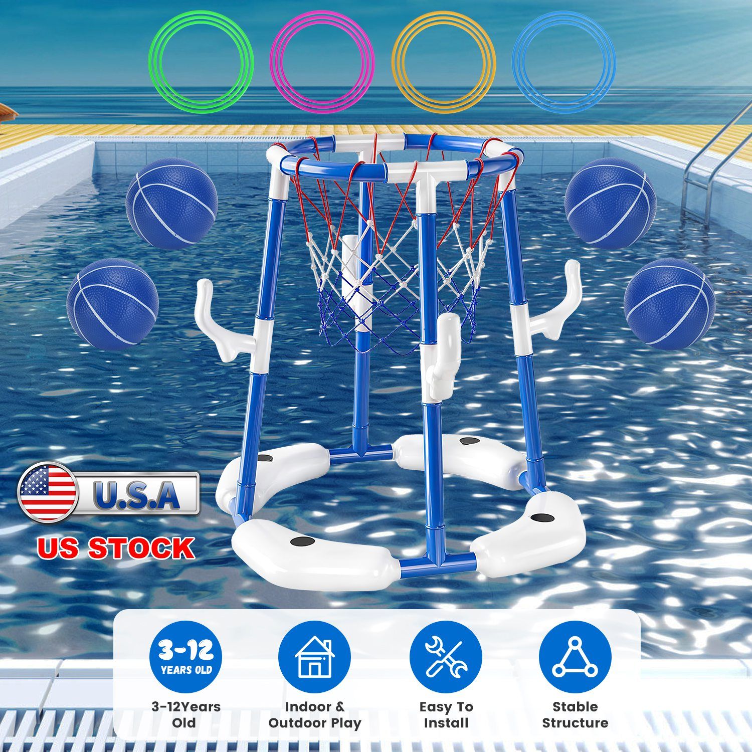 Summer Pool Basketball Hoop Toy Set With 4 Basketballs 4 Circles Pump Floating Swimming Pool Basketball Games Poolside Water Play Toy For 3-12Years Old Kids Adults - Freetyme Store