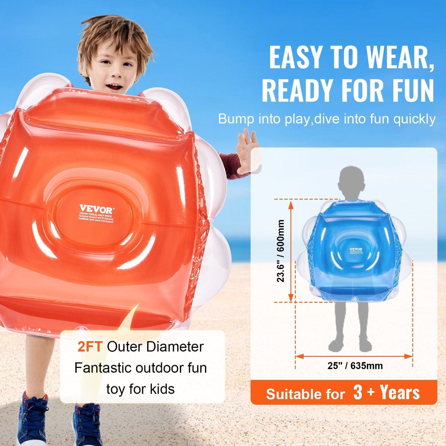 VEVOR Inflatable Bumper Balls 2-Pack, 2FT/0.6M Body Sumo Zorb Balls for Kids, Durable PVC Human Hamster Bubble Balls for Child Outdoor Team Gaming Play, Bumper Bopper Toys for Playground, Yard, Park Doba