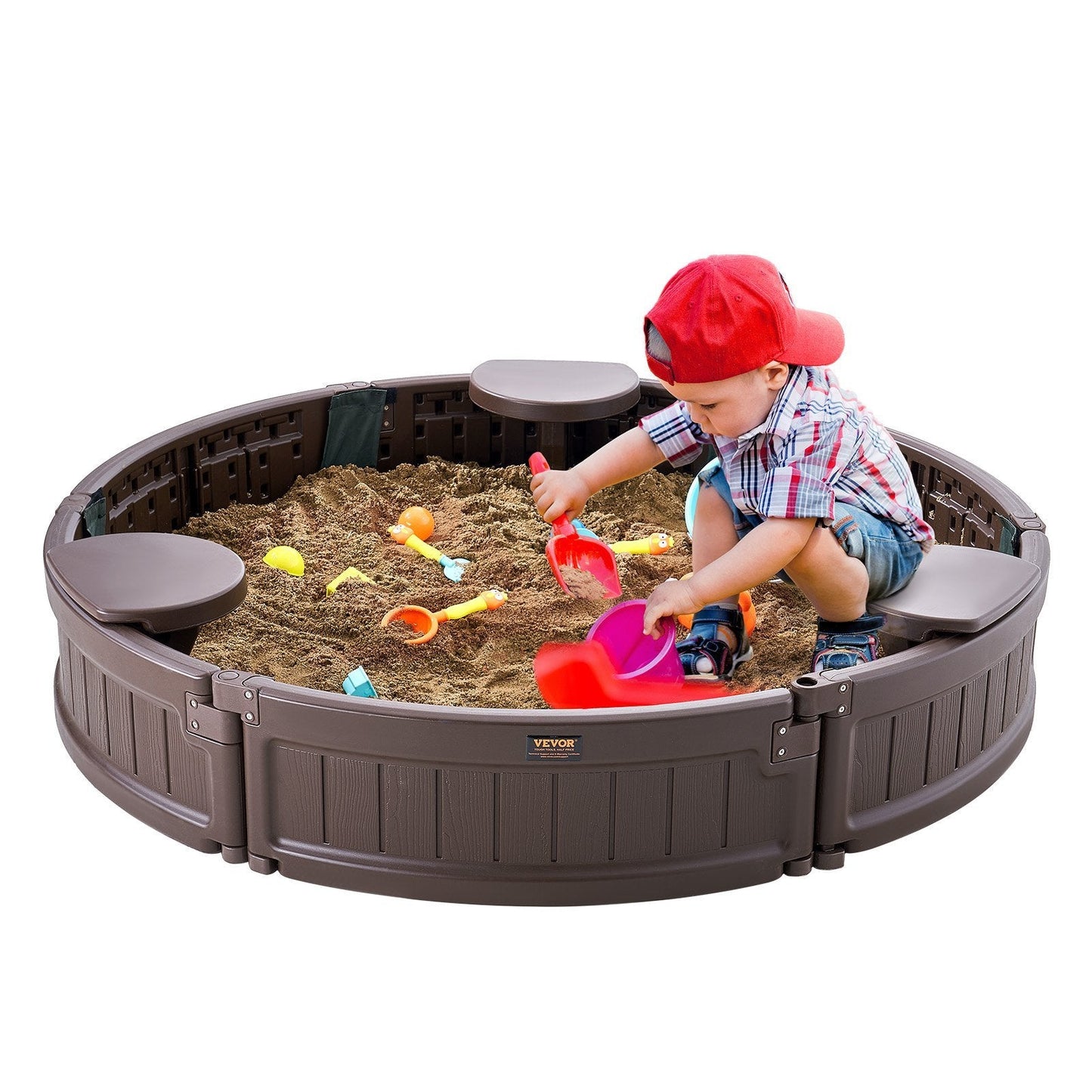 VEVOR Sandbox with Cover, 47.2 x 9.1 in Round Sand Box, HDPE Sand Pit with 3 Corner Seating and Bottom Liner, Kids Sandbox for Outdoor Backyard, Beach, Park, Gift for Boys Girls Ages 3-12, Brown Doba