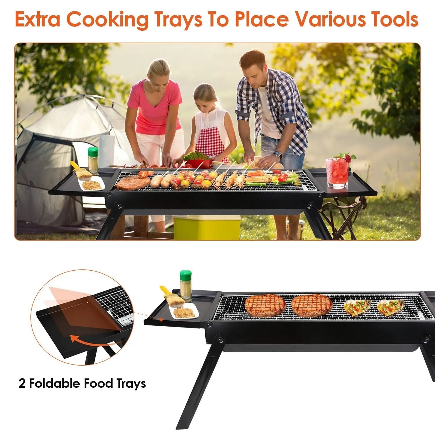 Foldable Charcoal BBQ Grill with Shelf Stainless Steel Grill Net Easy Setup Portable Tabletop Barbecue Grill for Camping Picnic Outdoor Party Backyard Doba