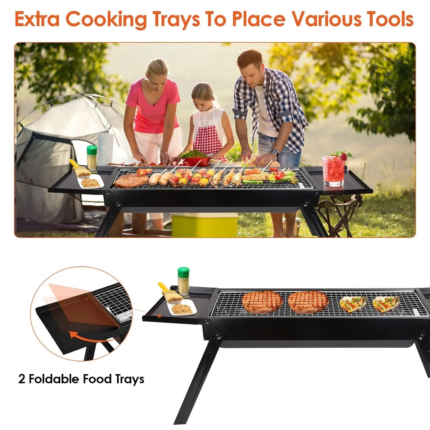 Foldable Charcoal BBQ Grill with Shelf Stainless Steel Grill Net Easy Setup Portable Tabletop Barbecue Grill for Camping Picnic Outdoor Party Backyard Doba