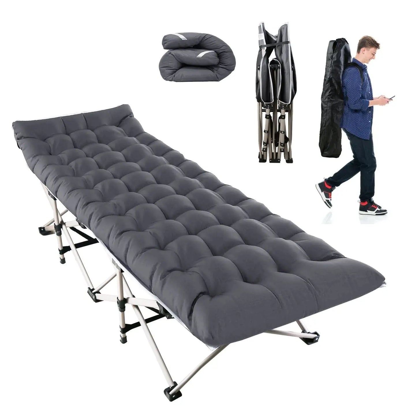 Folding Camping Cot Portable Sleeping Camping Bed Collapsible Travel Camp Cots Guest Bed Cot with 2-Sided Soft Pad 440LBS Max Load Doba