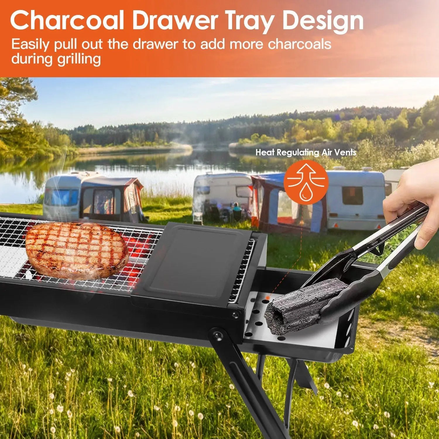 Foldable Charcoal BBQ Grill with Shelf Stainless Steel Grill Net Easy Setup Portable Tabletop Barbecue Grill for Camping Picnic Outdoor Party Backyard Doba