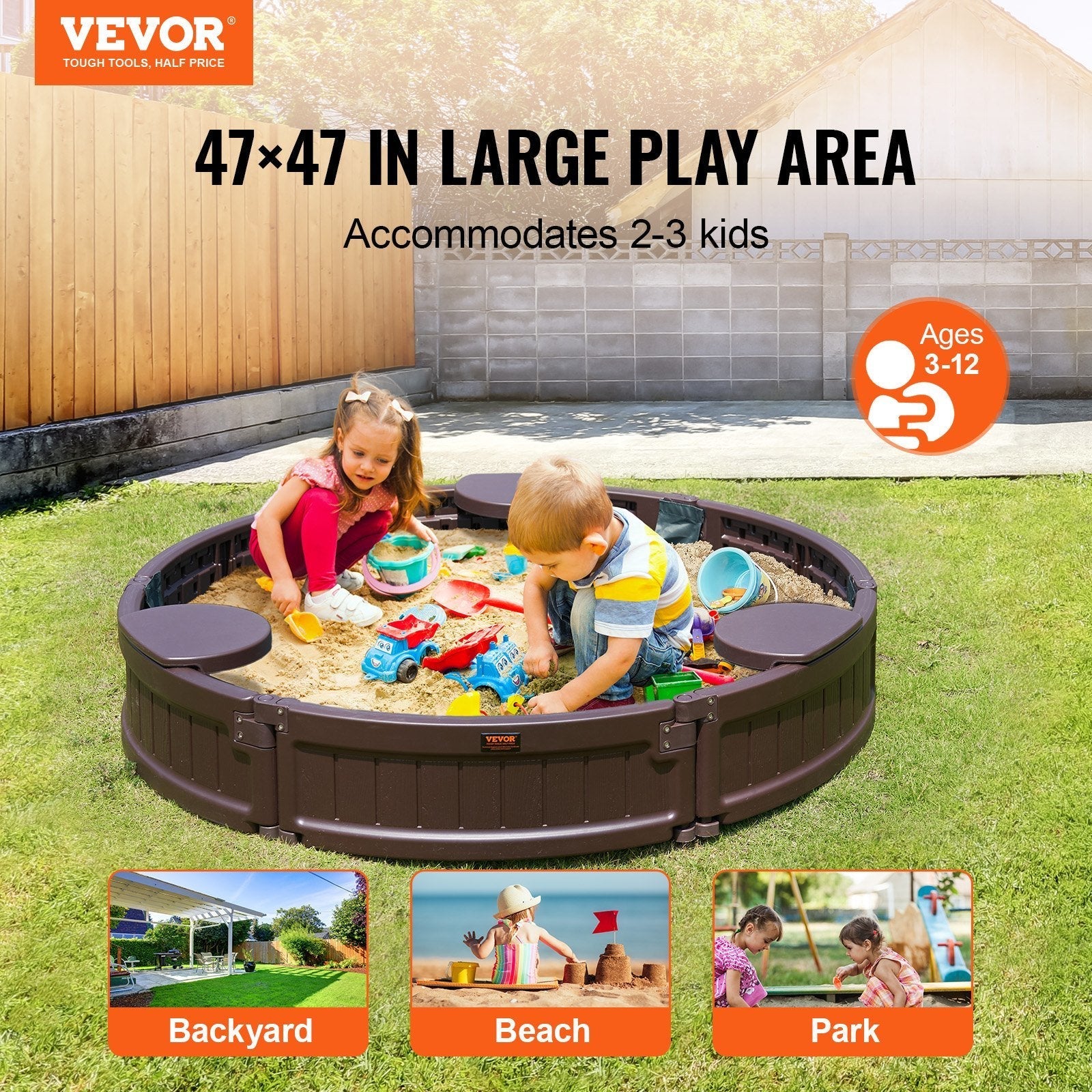 VEVOR Sandbox with Cover, 47.2 x 9.1 in Round Sand Box, HDPE Sand Pit with 3 Corner Seating and Bottom Liner, Kids Sandbox for Outdoor Backyard, Beach, Park, Gift for Boys Girls Ages 3-12, Brown Doba