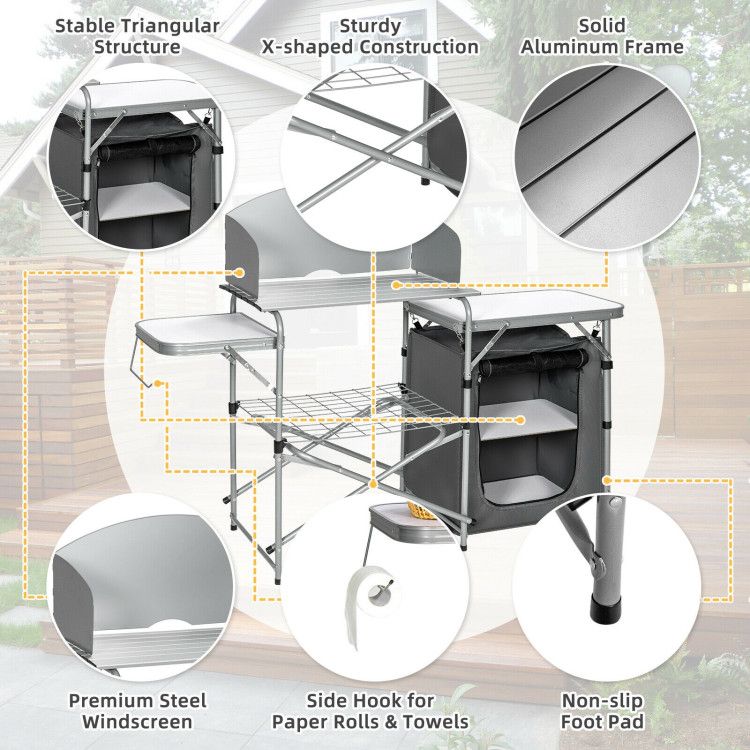 Foldable Outdoor BBQ Portable Grilling Table with Windscreen Bag Doba