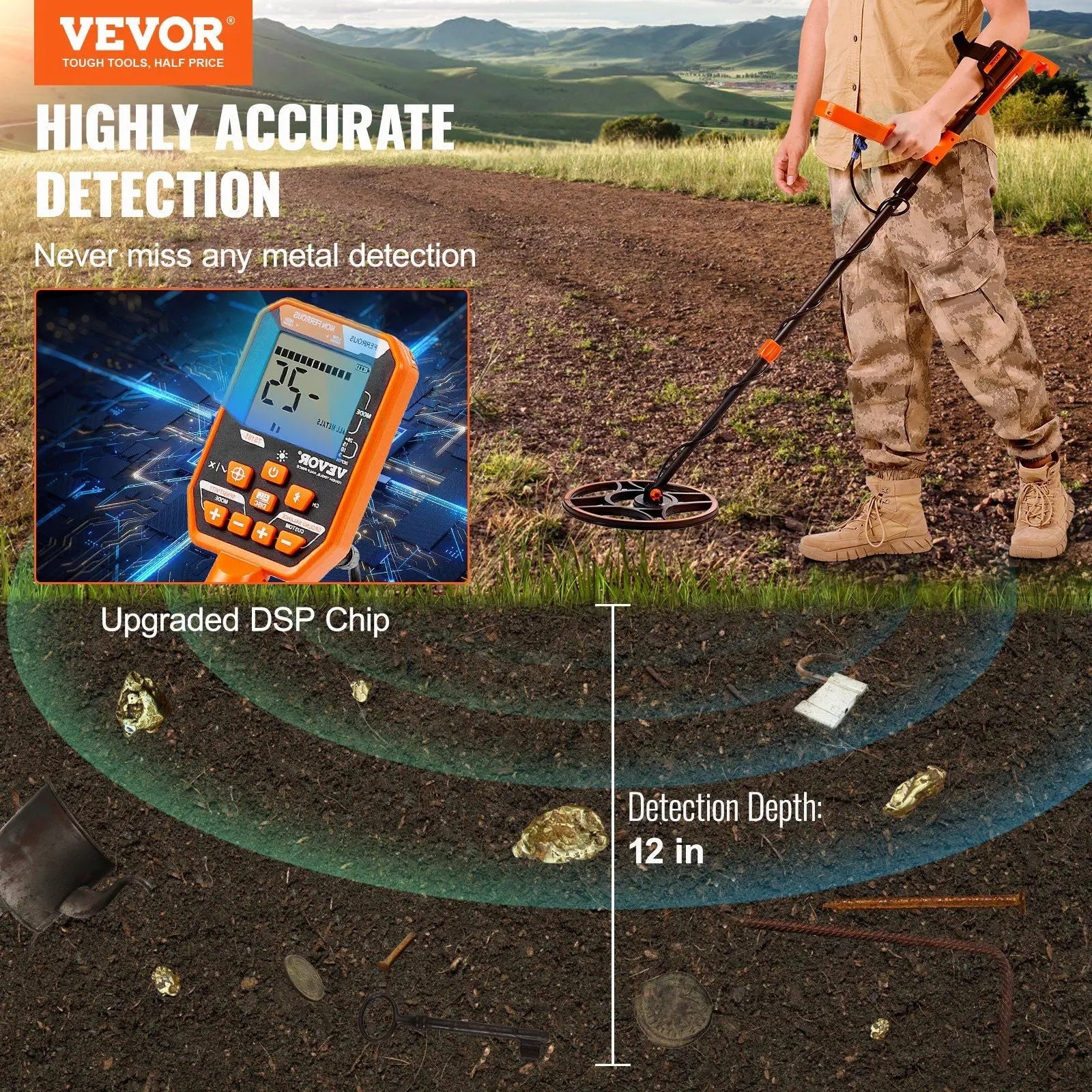 VEVOR Waterproof Metal Detector, 12" Coil, Professional Rechargeable Gold Detector, 39-50 in Adjustable with LCD 7 Modes Advanced DSP Chip Bluetooth Headset, IP68 for Detecting Gold Treasure Hunting Doba