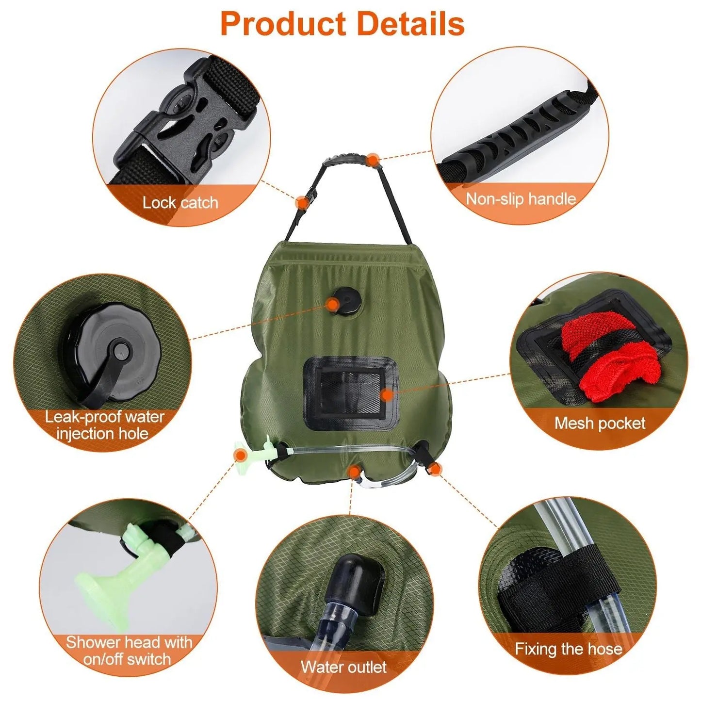 5Gal Solar Heating Camping Shower Bag w/ Removable Hose And Shower Head Doba