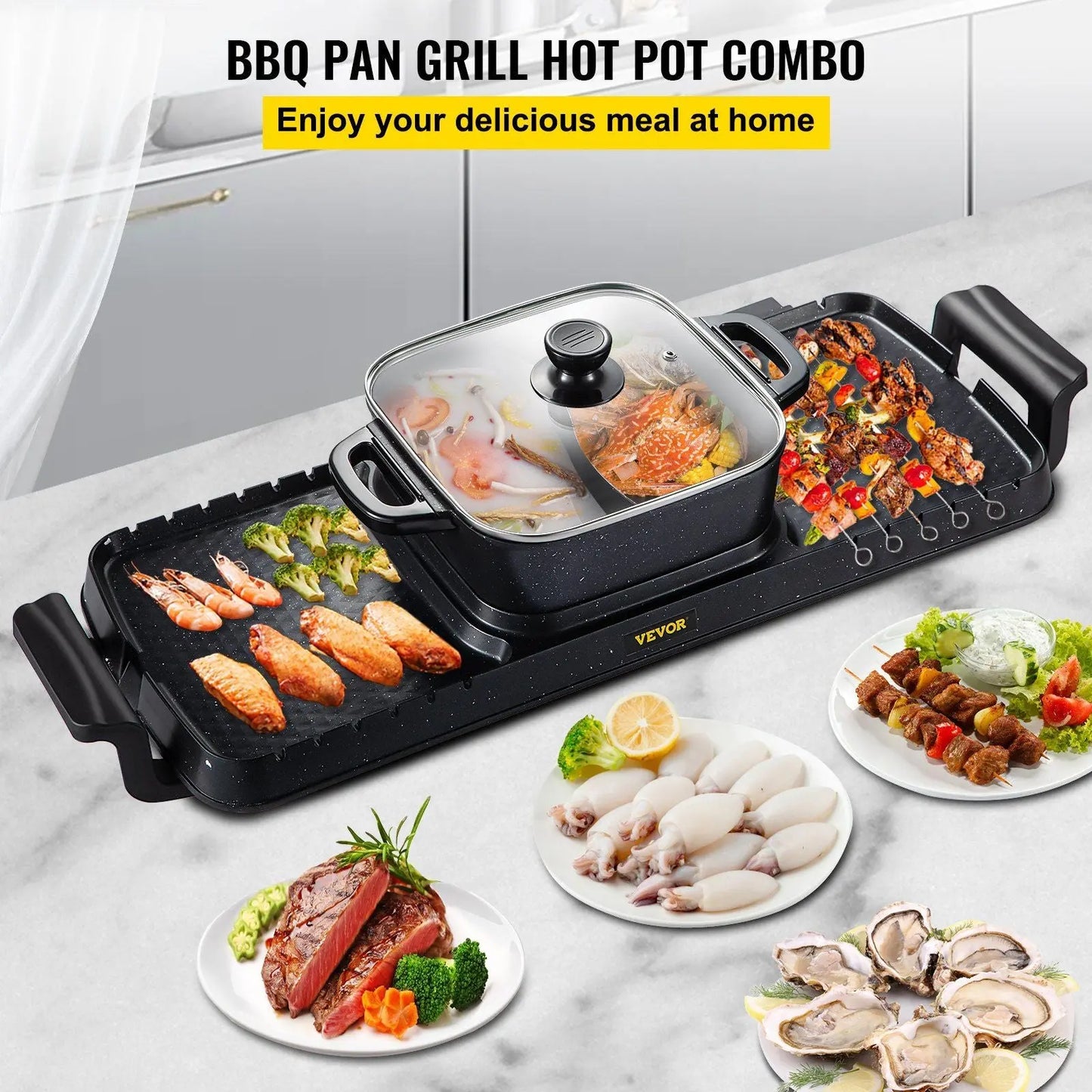 VEVOR 2 in 1 Electric Grill and Hot Pot, 2400W BBQ Pan Grill and Hot Pot, Multifunctional Teppanyaki Grill Pot with Dual Temp Control, Smokeless Hot Pot Grill with Nonstick Coating for 1-8 People Doba