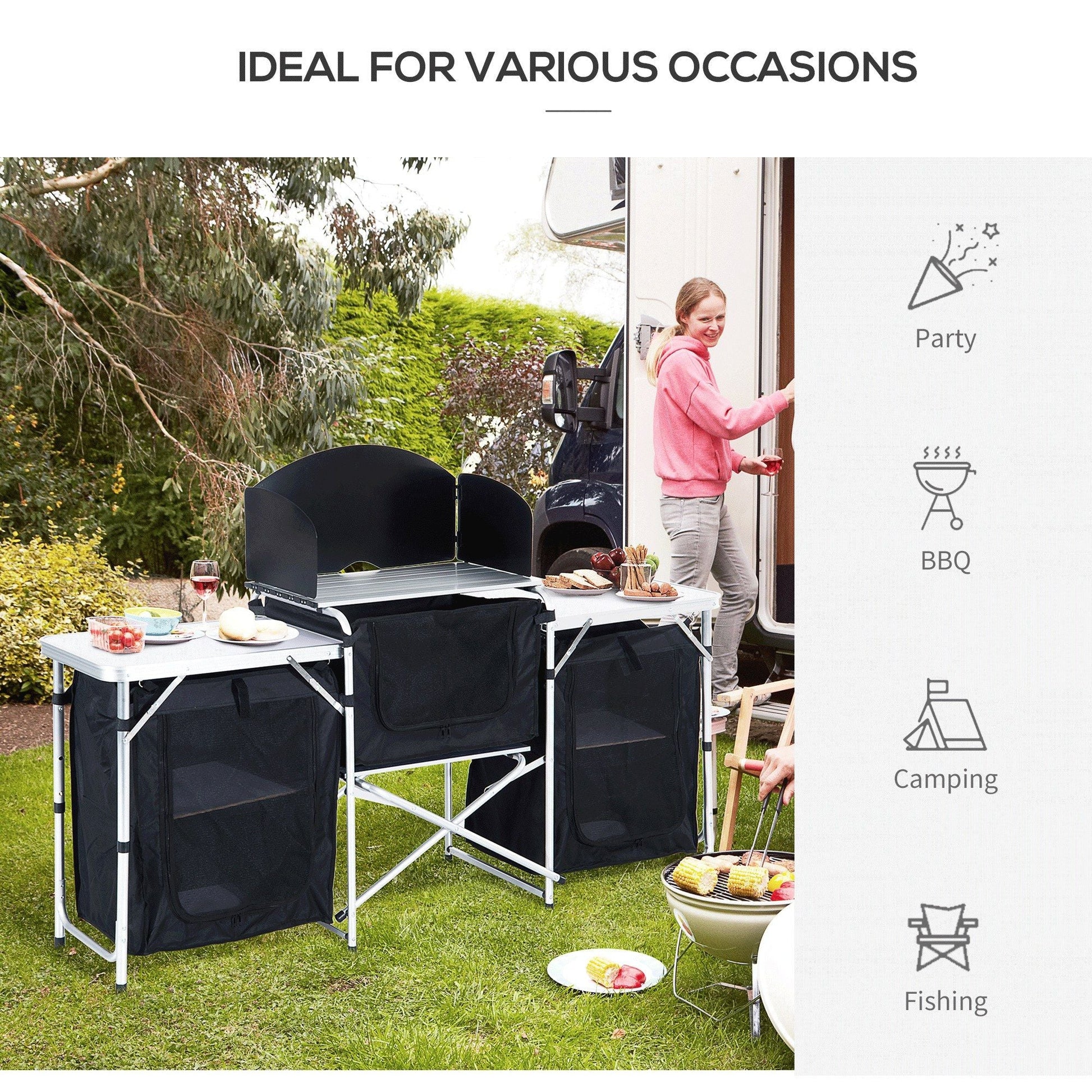 Outsunny Aluminum Portable Camping Kitchen Fold-Up Cooking Table With Windscreen and 3 Enclosed Cupboards for BBQ, Party, Picnics, Backyards Doba