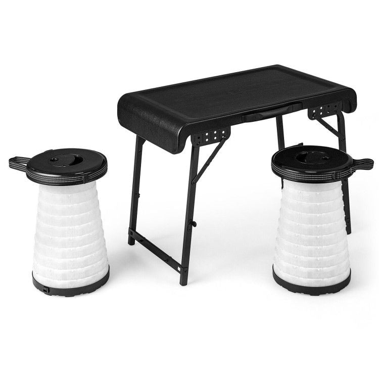 3 Pieces Folding Camping Table Stool Set with 2 Retractable LED Stools Doba