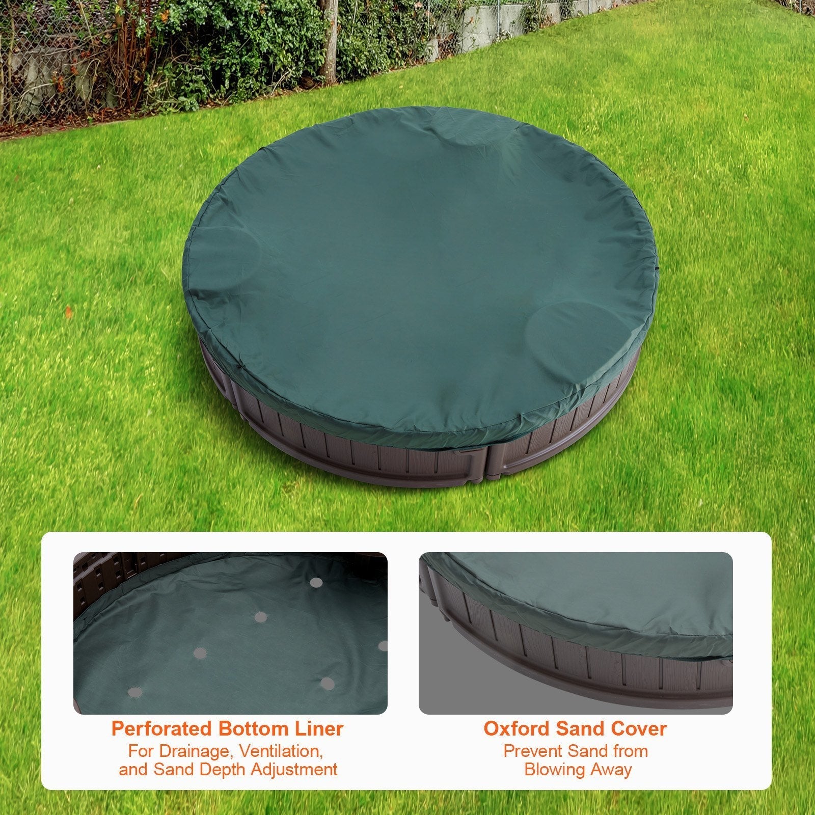 VEVOR Sandbox with Cover, 47.2 x 9.1 in Round Sand Box, HDPE Sand Pit with 3 Corner Seating and Bottom Liner, Kids Sandbox for Outdoor Backyard, Beach, Park, Gift for Boys Girls Ages 3-12, Brown Doba