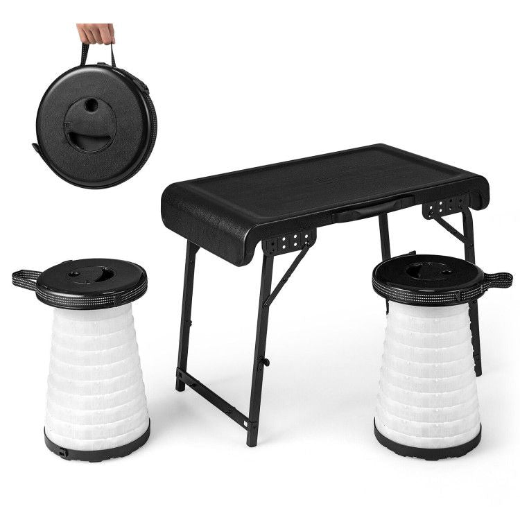 3 Pieces Folding Camping Table Stool Set with 2 Retractable LED Stools Doba