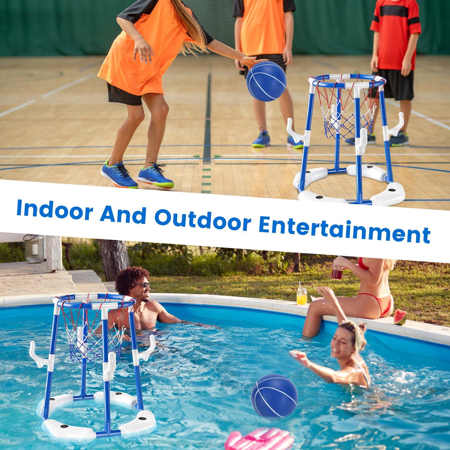 Summer Pool Basketball Hoop Toy Set With 4 Basketballs 4 Circles Pump Floating Swimming Pool Basketball Games Poolside Water Play Toy For 3-12Years Old Kids Adults - Freetyme Store