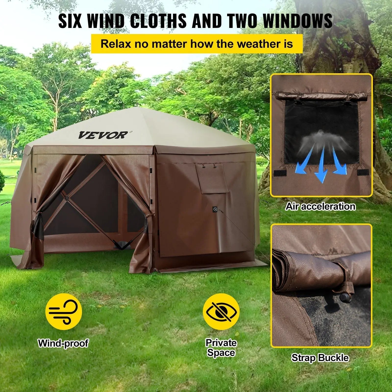 VEVOR Camping Gazebo Tent, 10'x10', 6 Sided Pop-up Canopy Screen Tent for 8 Person Camping, Waterproof Screen Shelter w/Portable Storage Bag, Ground Stakes, Mesh Windows, Brown & Beige Doba