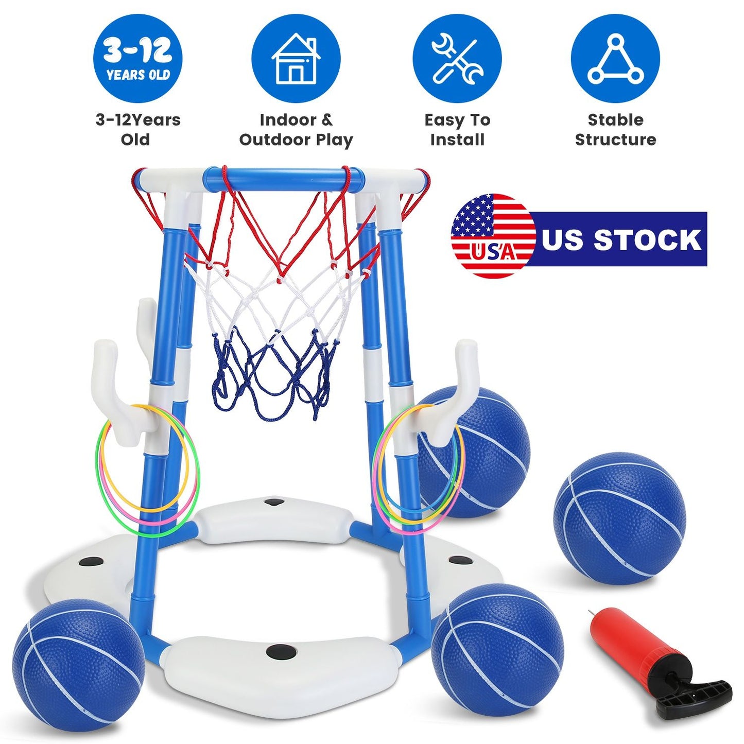 Summer Pool Basketball Hoop Toy Set With 4 Basketballs 4 Circles Pump Floating Swimming Pool Basketball Games Poolside Water Play Toy For 3-12Years Old Kids Adults - Freetyme Store