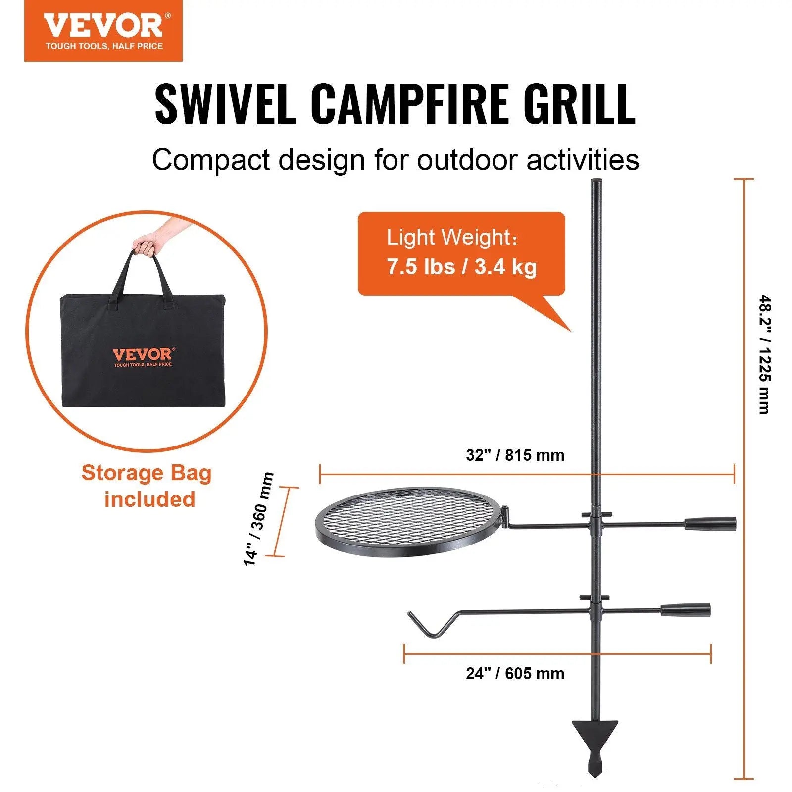 VEVOR Swivel Campfire Grill, Fire Pit Grill Grate over Fire Pits, Heavy Duty Steel Grill Grates, 360° Adjustable Open Fire Outdoor Cooking Equipment, Portable Camp Fire Racks for Camping Outdoor BBQ Doba