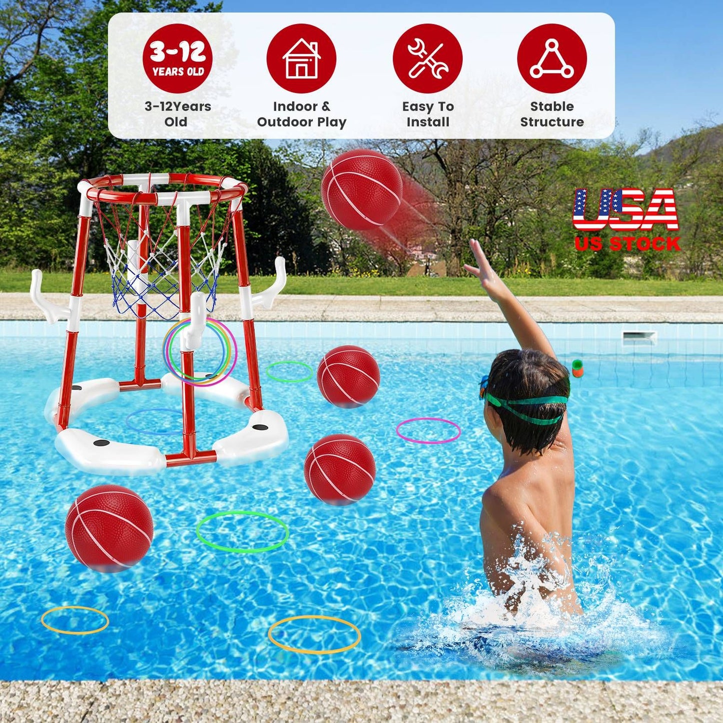 Summer Pool Basketball Hoop Toy Set With 4 Basketballs 4 Circles Pump Floating Swimming Pool Basketball Games Poolside Water Play Toy For 3-12Years Old Kids Adults - Freetyme Store
