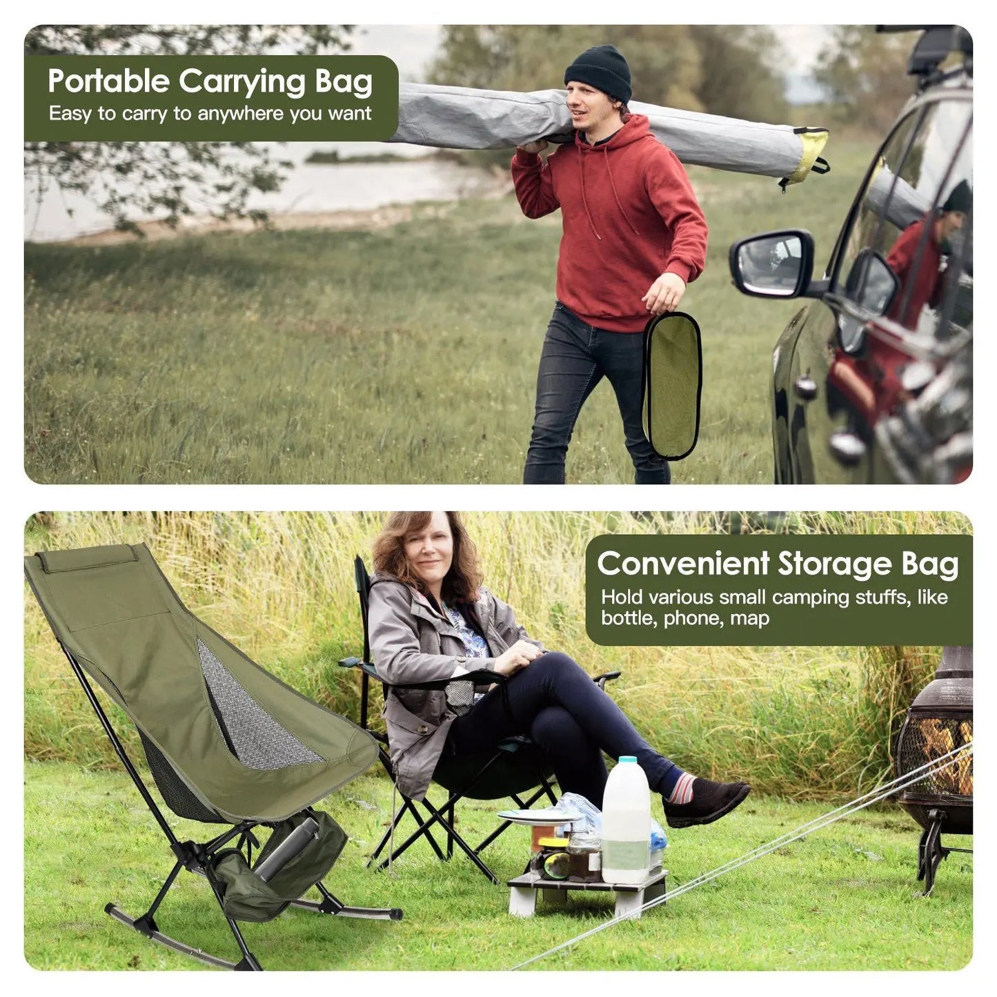 Portable Camping Rocking Chair 198LBS Weight Capacity Included Carry Bag High Back Rocker Chair For Patio Fishing Beach Lawn Travel Doba