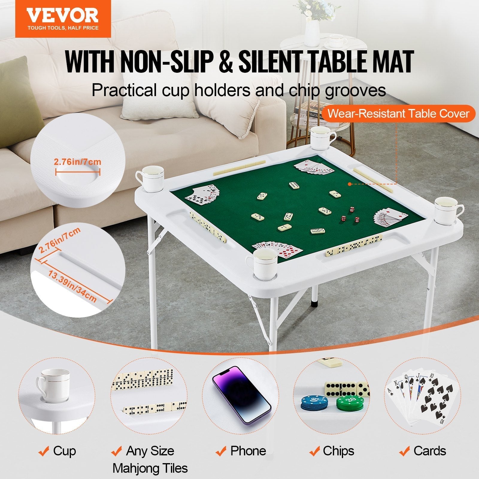 VEVOR Mahjong Table 4 Player Folding Card Table & Table Mat Cup Holder Chip Tray Doba